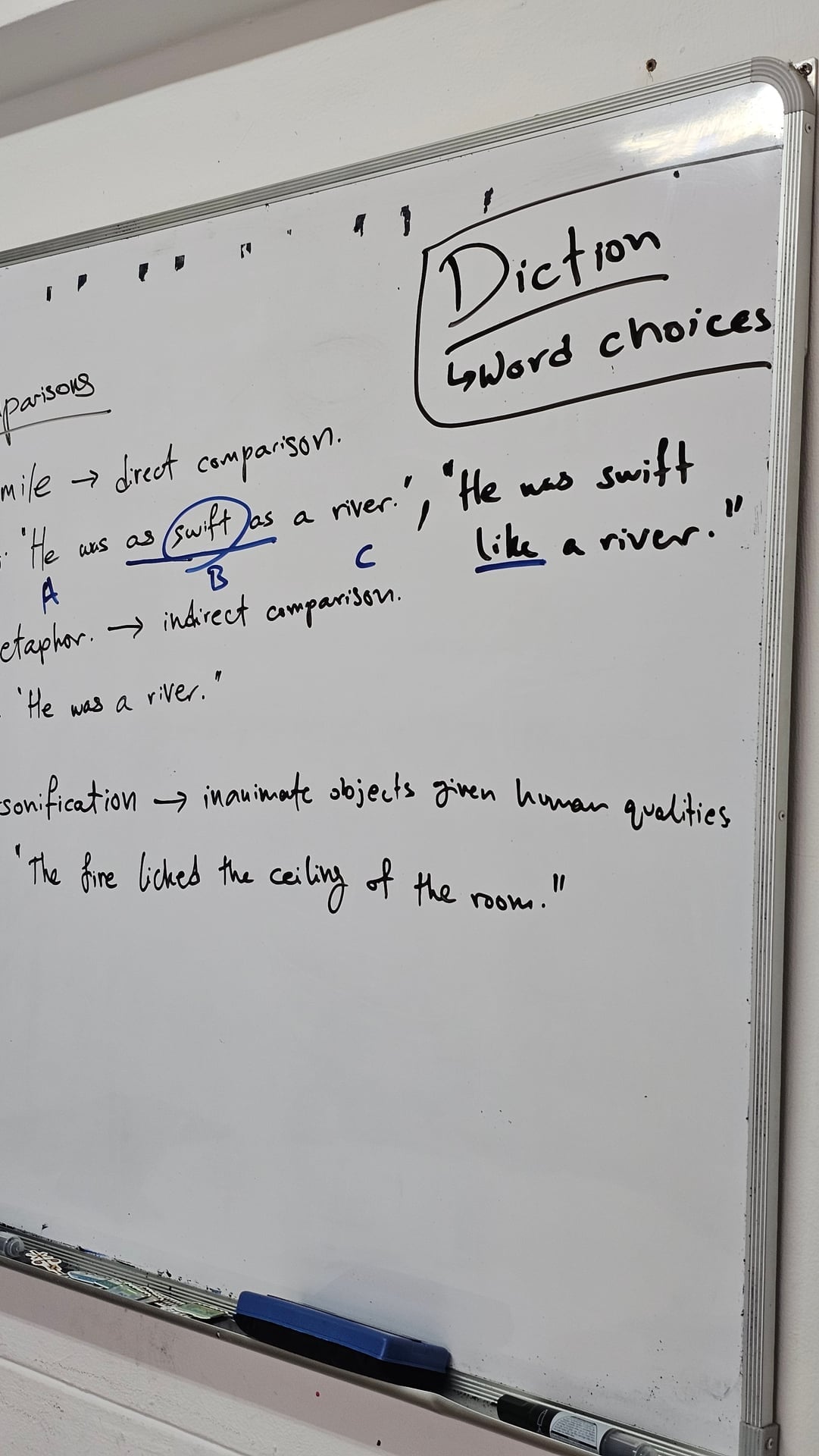 Ancourage Academy Secondary English lesson on literary devices — simile, metaphor and diction — at the whiteboard