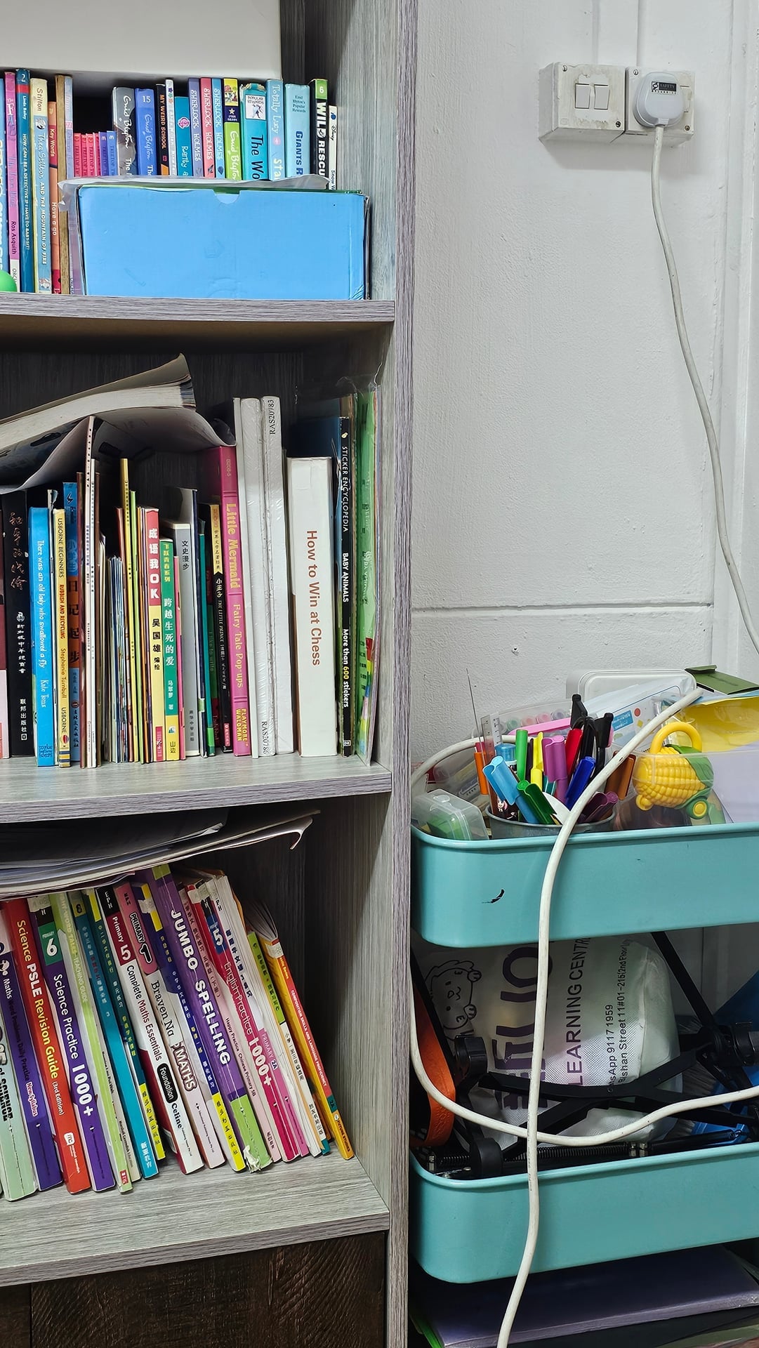 Shelf of Chinese and English assessment resources used in Ancourage Academy Higher Chinese lessons