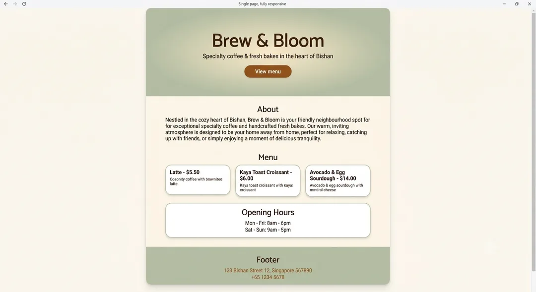 An example small-business website built with AI in an Ancourage Academy workshop — a café homepage with a hero banner, a menu with prices, and opening hours