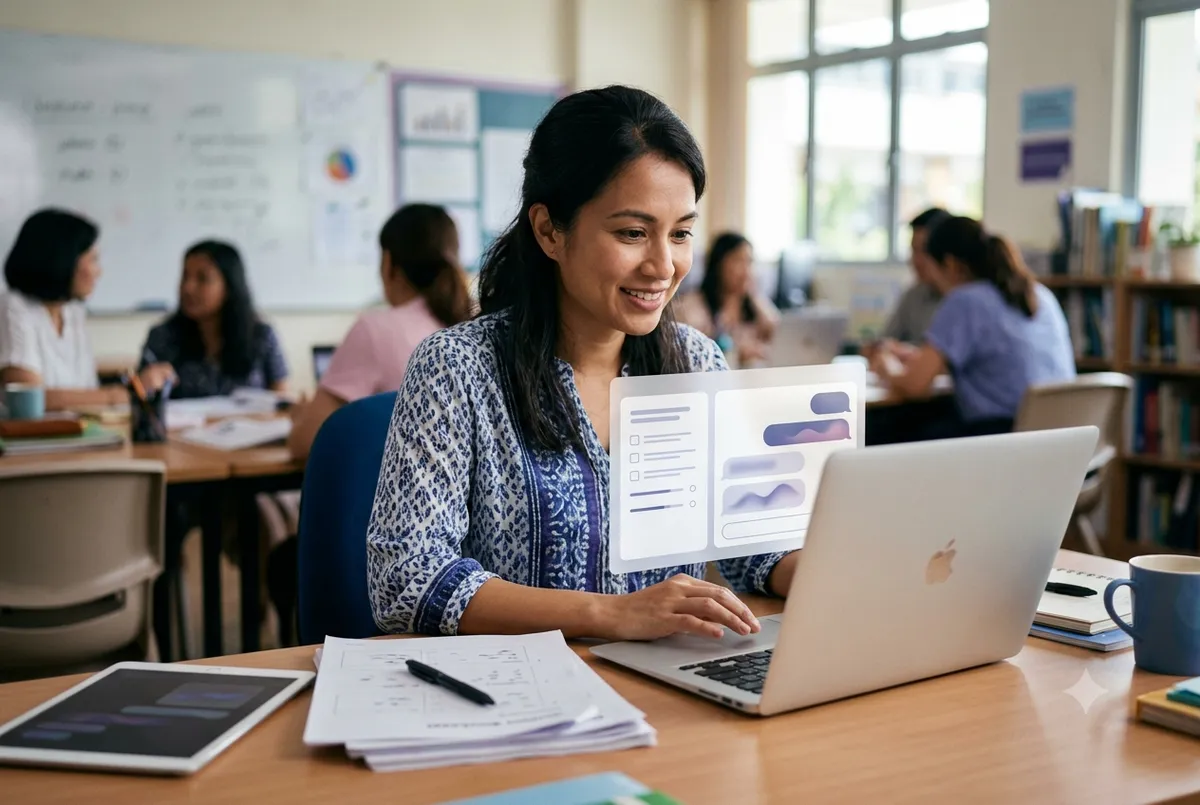 A teacher using AI for lesson prep on a laptop in a classroom — Ancourage Academy AI workshop for educators