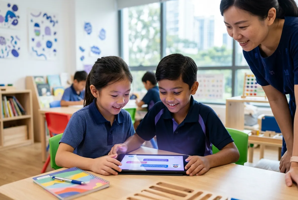 Two children using an AI tutor on a tablet with a teacher at an Ancourage Academy kids AI workshop