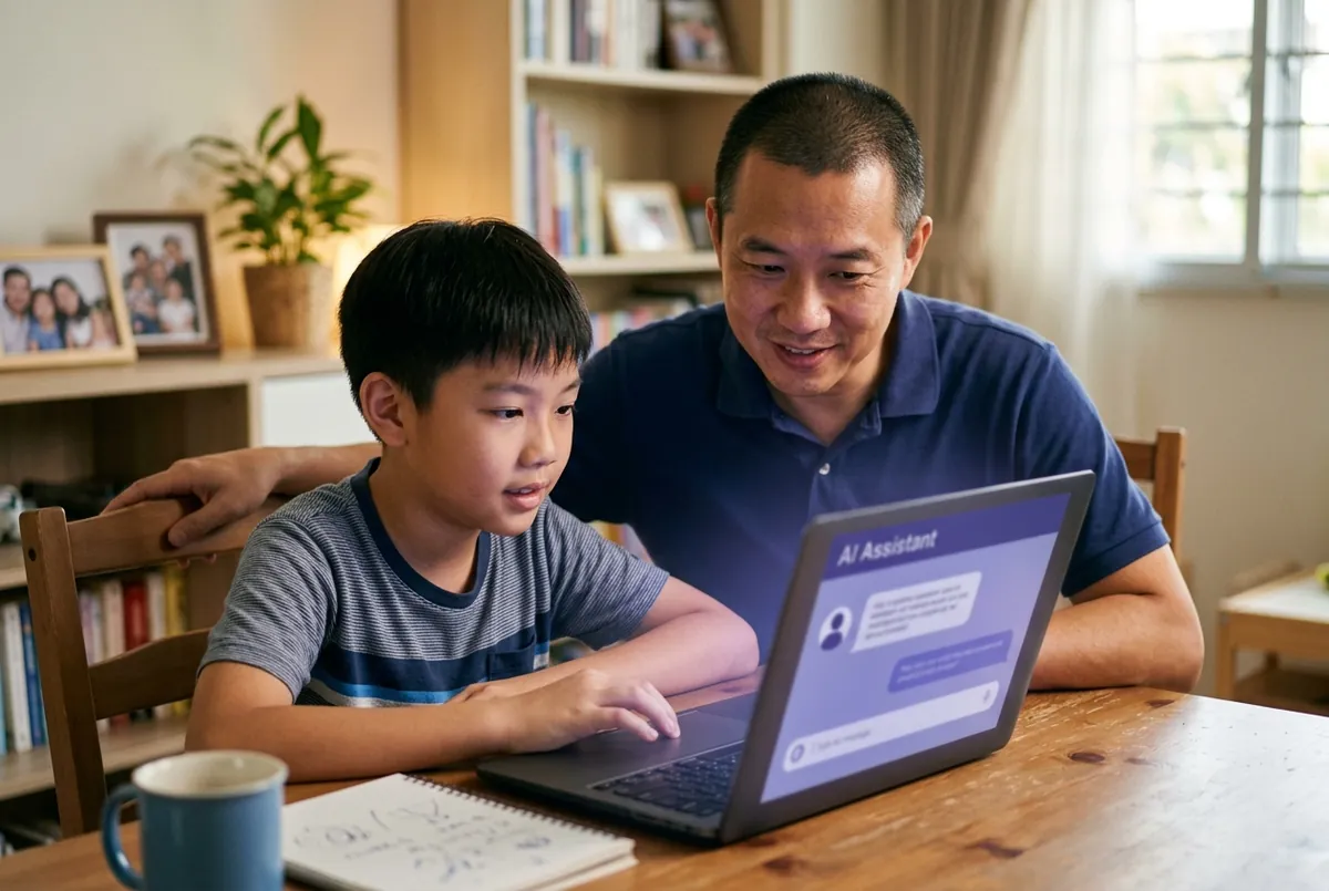 A parent and child using an AI assistant on a laptop together at home — Ancourage Academy AI workshop for parents