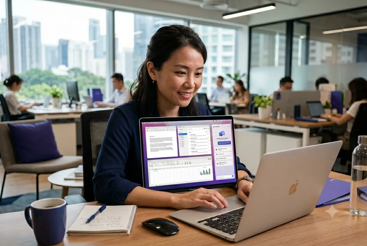 A working professional using AI on a laptop in a Singapore office at an Ancourage Academy AI workshop