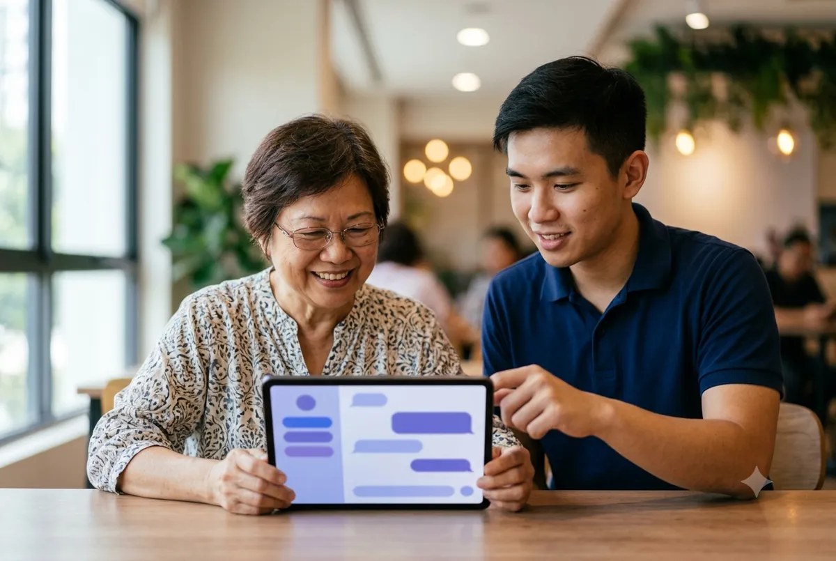 A senior learning AI on a tablet with a patient facilitator at an Ancourage Academy AI workshop for seniors