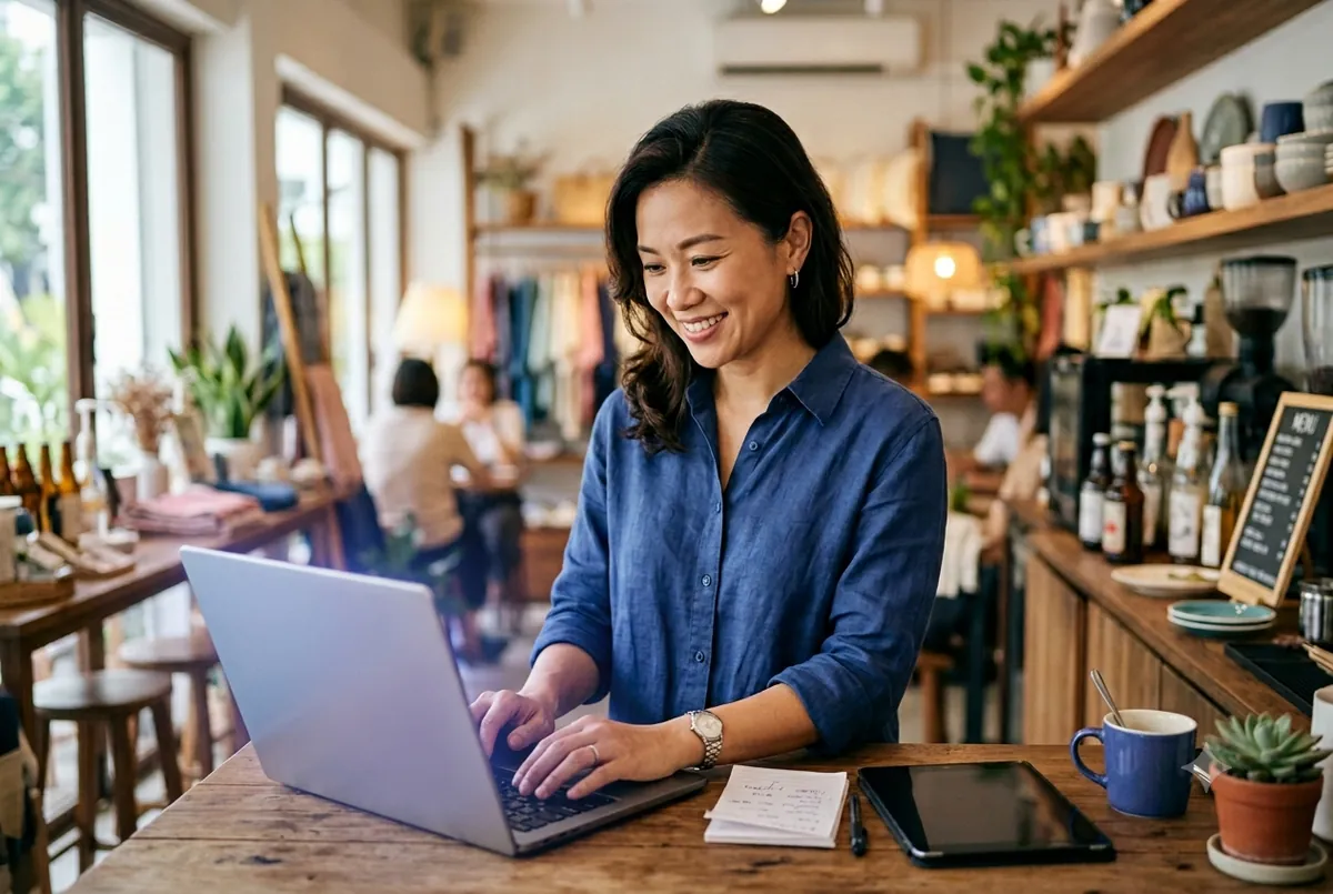 A small-business owner using AI on a laptop in her shop — Ancourage Academy AI training for small business in Singapore