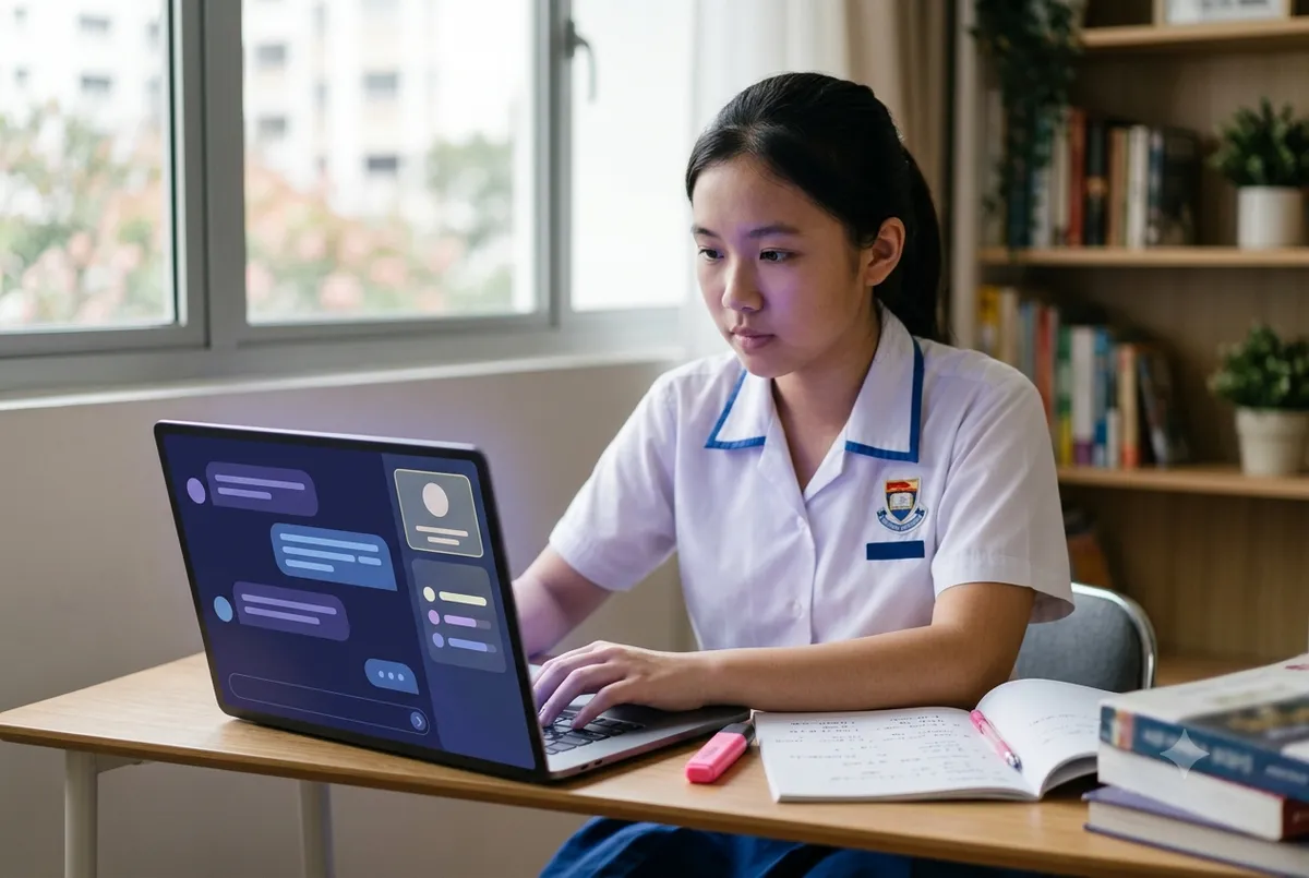 A secondary student studying with an AI study tool on a laptop at an Ancourage Academy AI workshop
