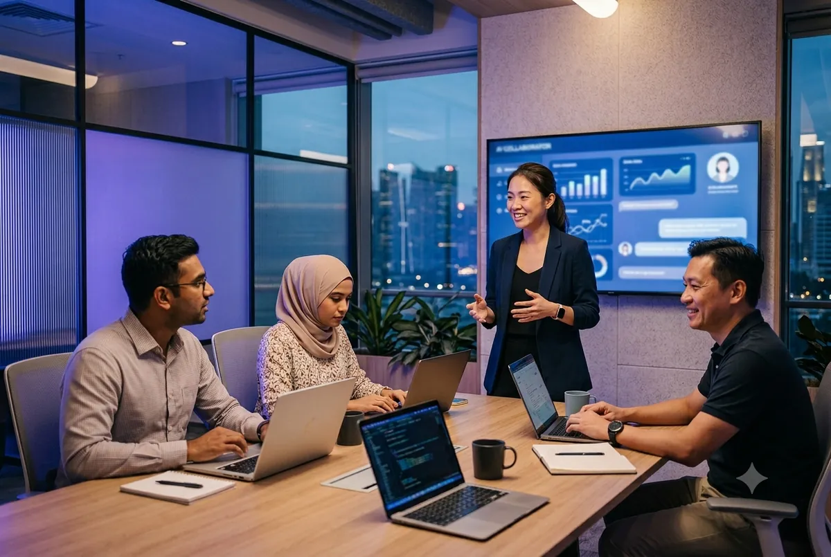 A team in a Singapore office at a corporate AI training session led by Ancourage Academy