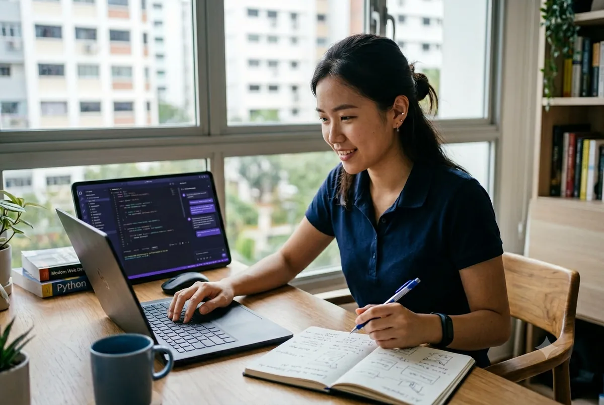 Learning to code with OpenAI Codex on a laptop at an Ancourage Academy Codex workshop in Singapore