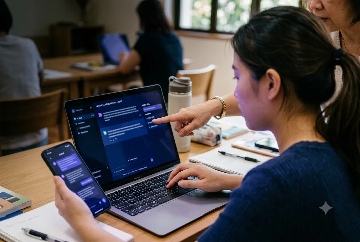 Learning to use an AI chatbot on a laptop and phone at an Ancourage Academy AI tools workshop in Singapore