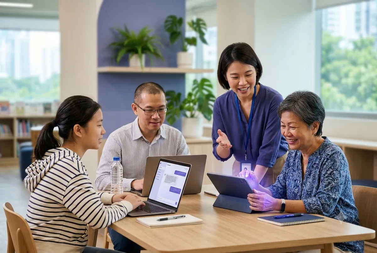 Adults and a senior learning AI on laptops and a tablet with an Ancourage Academy instructor in Singapore