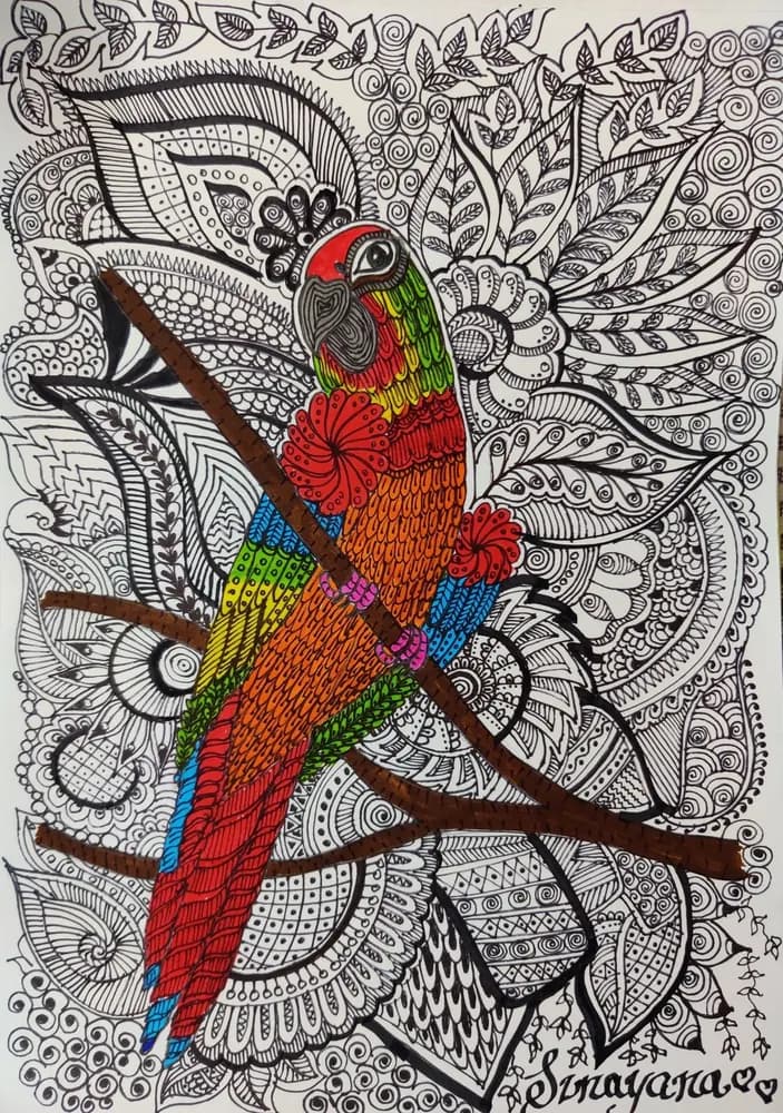 Zentangle Bird, Pen line work + watercolour wash, ages 6+, 2-hour session, Art by Ancourage Bishan & Woodlands
