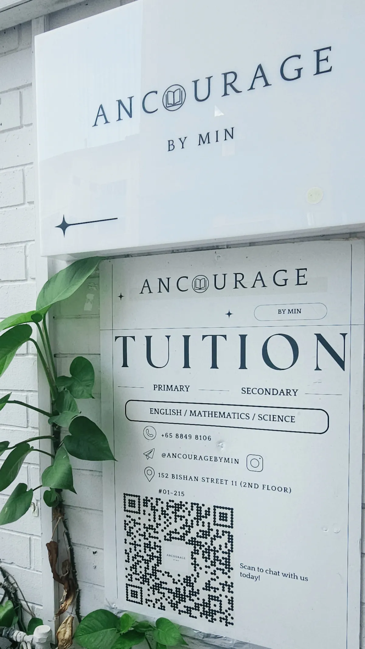Ancourage Academy Bishan tuition centre signage — the 'Ancourage by Min' nameplate at Block 152 Bishan Street 11, #01-215.