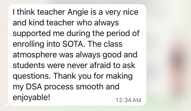 WhatsApp testimonial from a DSA student — Teacher Angie at Art by Ancourage supported a smooth DSA process into SOTA