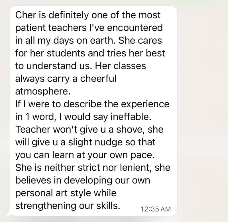 WhatsApp testimonial from an Art student — Teacher Angie at Art by Ancourage is one of the most patient teachers