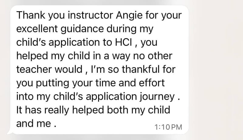WhatsApp testimonial from a parent — Teacher Angie at Art by Ancourage guided a successful HCI DSA application