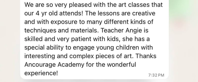 WhatsApp testimonial from a parent — Art by Ancourage Crafty Corner classes praised for engaging a 4-year-old child