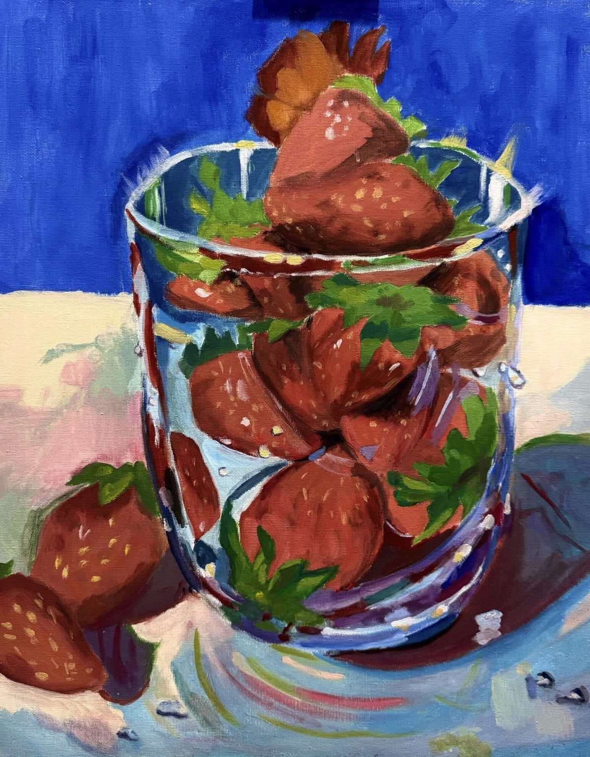 Still life painting of strawberries in a glass cup by an Art by Ancourage student