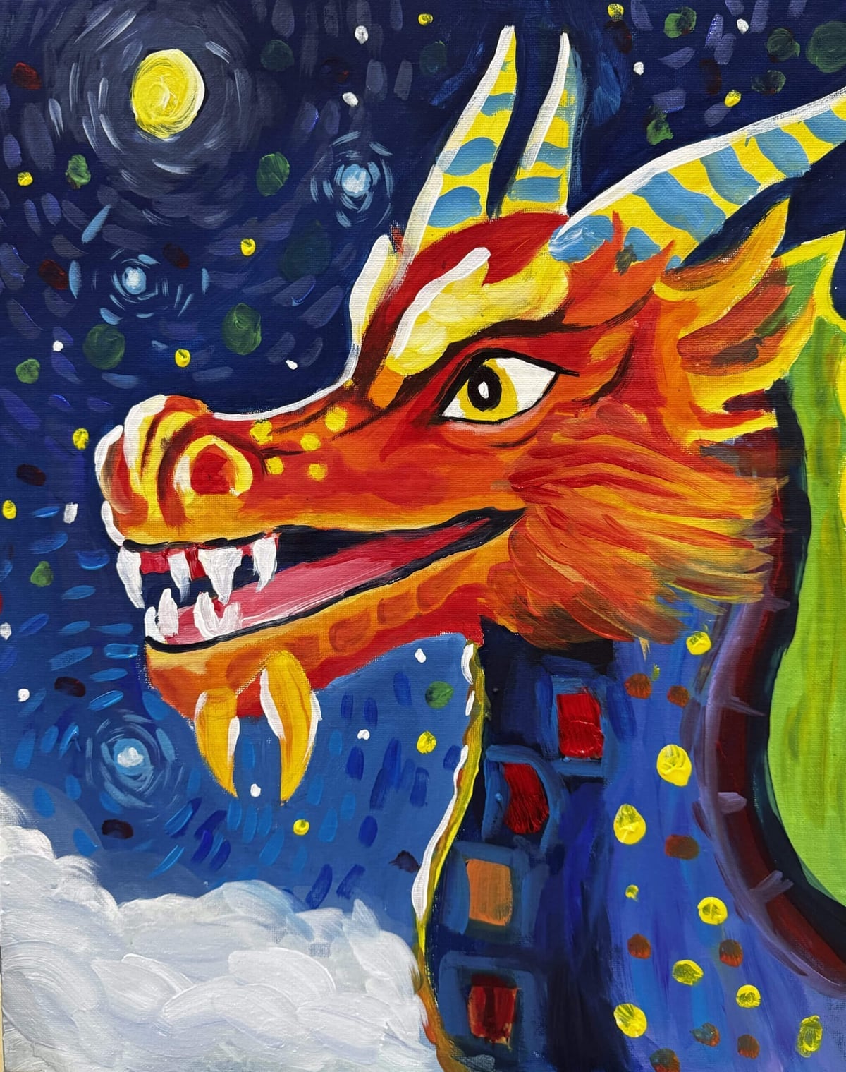 Acrylic painting of an orange dragon against a starry night sky by an Art by Ancourage student