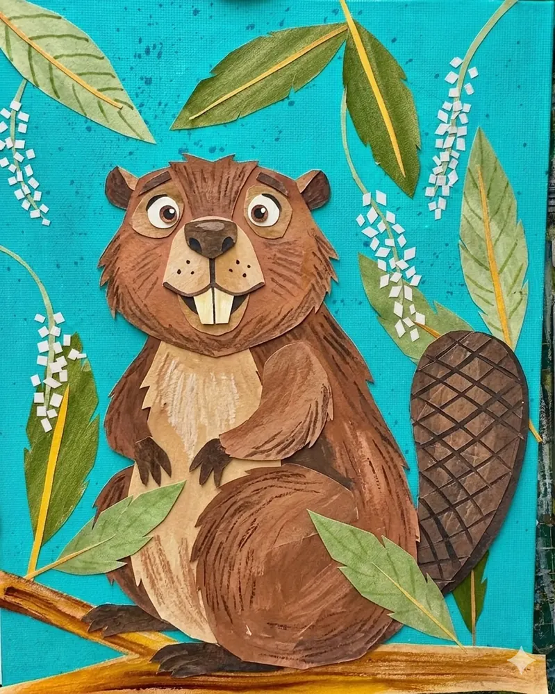 Paper collage of a beaver character assembled from painted, cut paper shapes